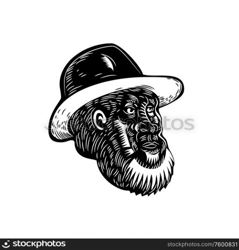 Retro woodcut style illustration of head of an old farmer with beard and wearing hat looking to side on isolated background done in black and white.. Old Farmer With Beard and Hat Woodcut