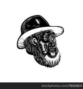 Retro woodcut style illustration of head of an old farmer with beard and wearing hat looking to side on isolated background done in black and white.. Old Farmer With Beard and Hat Woodcut