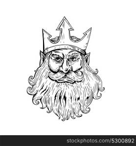 Retro woodcut style illustration of head of Poseidon, Neptune or Triton Wearing Trident Crown viewed from front done in black and white.. Poseidon Wearing Trident Crown Woodcut