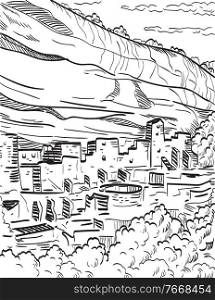 Retro woodcut style illustration of Mesa Verde National Park in Colorado with well-preserved Ancestral Puebloan cliff dwellings and the huge Cliff Palace on isolated background done in black and white. Mesa Verde National Park in Colorado with Puebloan Cliff Dwellings Woodcut Black and White