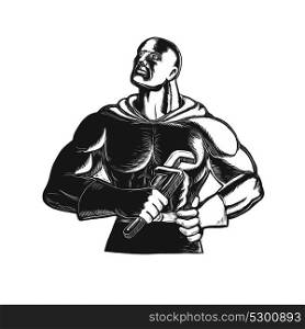 Retro woodcut style illustration of Superhero Plumber looking up holding monkey Wrench or gas grip done in black and white on isolated background.. Superhero Plumber With Wrench Woodcut