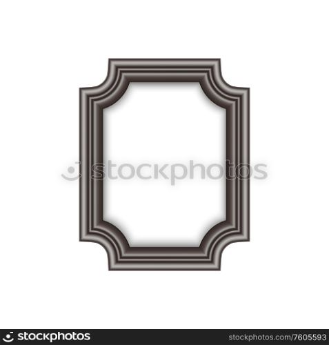 Retro wooden border isolated vintage frame. Vector blank photoframe, silver picture framing. Empty border isolated vector vintage photoframe