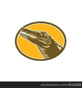 Retro WPA illustration of a head of an alligator, gator, crocodile or croc looking up set inside oval shape done in works project administration federal art style.. Alligator Head Looking Up Oval WPA Style