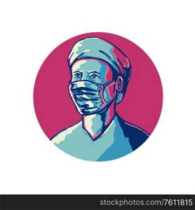 Retro WPA illustration of a nurse, medical professional, healthcare or front-line worker wearing surgical mask and cap set in circle done in works project administration or federal art project style.. Nurse Wearing Mask and Cap Circle WPA