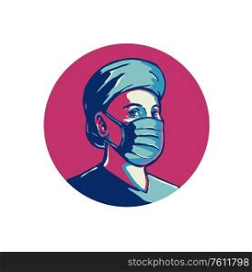 Retro WPA illustration of a nurse or front-line worker wearing surgical mask and cap set in circle done in works project administration or federal art project style.. Front Line Worker Wearing Mask and Cap Circle WPA