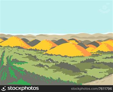 Retro WPA illustration of the Chocolate Hills, a geological formation in Bohol province, Philippines and a famous tourist attraction done in works project administration or federal art project style.. The Chocolate Hills WPA Retro Style