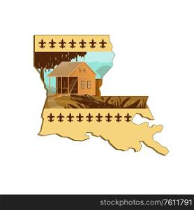 Retro wpa style illustration of a Cajun house and alligator or gator in foreground set inside outline of Louisiana state map of United States of America, USA with fleur-de-lis on isolated background.. Cajun House and Gator In Louisiana State Map WPA Retro