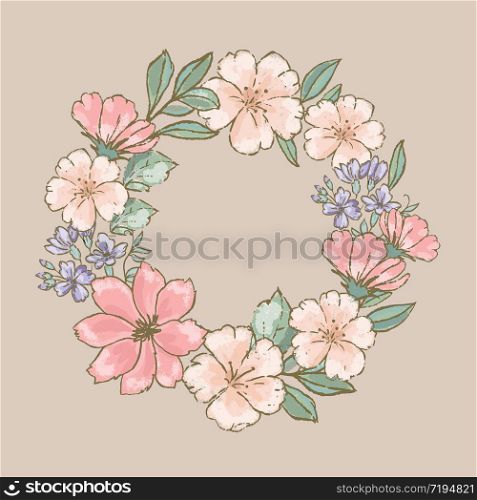 RETRO WREATH Floral Flower Hand Drawn Vector Illustration Set