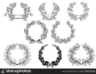Retro wreath set with christmas, laurel, oak and platanoides in black color isolated on white background