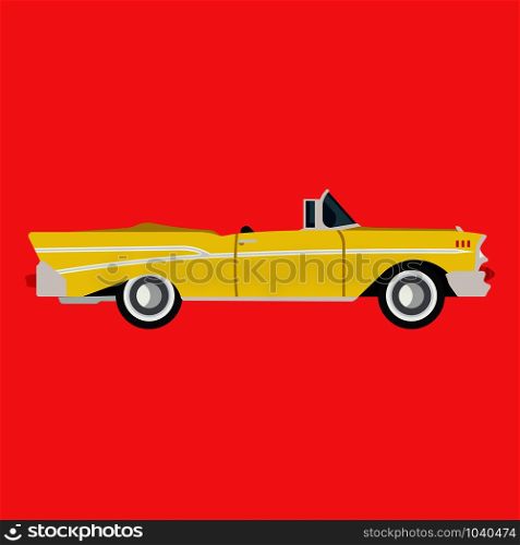Retro yellow car side view flat icon auto. Classic vehicle illustration design transportation vintage art. Old engine transport cartoon symbol. Drawing style exclusive fashioned revival machine