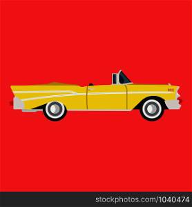 Retro yellow car side view flat icon auto. Classic vehicle illustration design transportation vintage art. Old engine transport cartoon symbol. Drawing style exclusive fashioned revival machine
