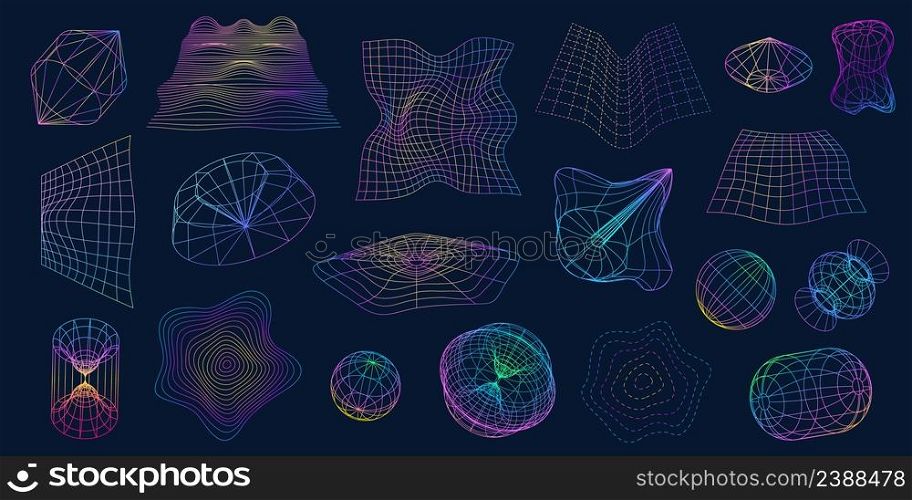 Retrofuturistic wireframe shapes, 3d sphere and distorted perspective grids. Line mesh geometric objects. Cyber futuristic shape vector set. Structure motion, surface flow or deformation. Retrofuturistic wireframe shapes, 3d sphere and distorted perspective grids. Line mesh geometric objects. Cyber futuristic shape vector set