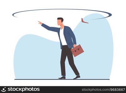 Return of bad deed, businessman gets back boomerang he set off. Consequences and Karma. Confused male character. Cause effect. Risky ventures. Cartoon flat style isolated illustration. Vector concept. Return of bad deed, businessman gets back boomerang he set off. Consequences and Karma. Confused male character. Cause effect. Risky ventures. Cartoon flat style isolated vector concept