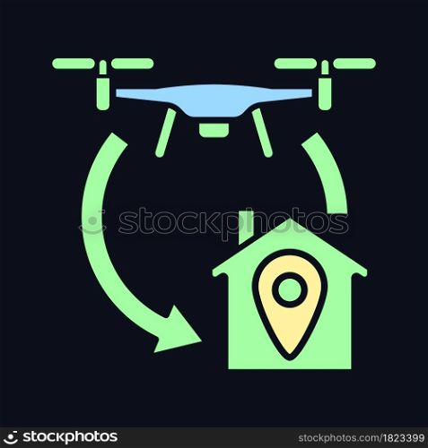 Return to home function RGB color manual label icon for dark theme. Isolated vector illustration on night mode background. Simple filled line drawing on black for product use instructions. Return to home function RGB color manual label icon for dark theme