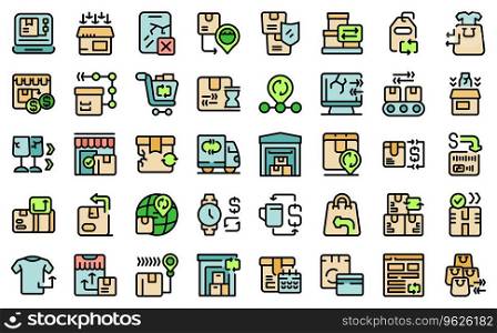 Returning goods to the shop icons set outline vector. Product refund. Policy customer thin line color flat on white isolated. Returning goods to the shop icons set vector line color