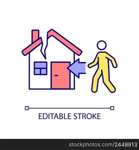 Returning to damaged home RGB color icon. Homeowner of broken building. Natural disaster result. Isolated vector illustration. Simple filled line drawing. Editable stroke. Arial font used. Returning to damaged home RGB color icon