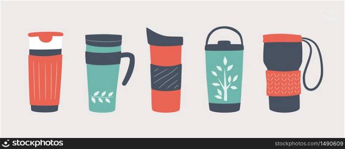 Reusable cups, thermo mug and tumblers with cover. Different designs of thermos for take away coffee. Set of vector illustrations in flat and cartoon style. Reusable cups, thermo mug and tumblers with cover. Set of vector illustrations
