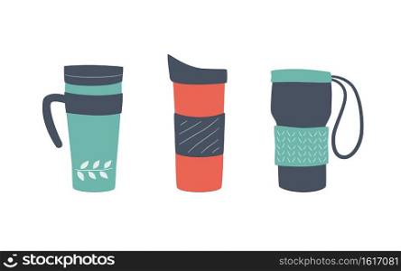 Reusable cups, thermo mug and tumblers with cover. Different designs of thermos for take away coffee. Set of vector illustrations in flat and cartoon style. Reusable cups, thermo mug and tumblers with cover. Set of vector illustrations