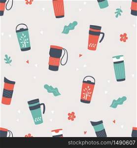 Reusable cups, thermo mug and tumblers with cover for hot coffee and tea. Hand drawn seamless pattern. Vector illustration in flat and cartoon style. Reusable cups, thermo mug and tumblers with cover for hot coffee and tea. Hand drawn seamless pattern. Vector illustration