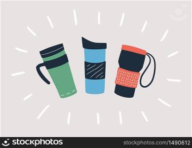Reusable cups, thermo mug and tumblers with cover for take away hot coffee or tea. Hand drawn object isolated on light background. Vector illustration. Reusable cups, thermo mug and tumblers with cover for take away hot coffee or tea. Hand drawn object. Vector