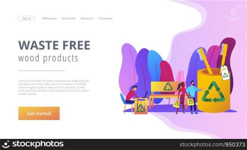 Reusable items, non-recyclable material alternatives. Waste free wood products, salvaged plywood products, secondary wood using concept. Website homepage landing web page template.. Waste free wood products concept landing page