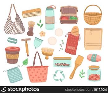 Reusable items. Zero waste, eco friendly recycle element. Isolated ecology wooden spoon, bag bottle, grocery container vector illustration. Bottle lunchbox and brush, durable items for kitchen. Reusable items. Zero waste, eco friendly recycle element. Isolated ecology wooden spoon, bag bottle, grocery container vector illustration