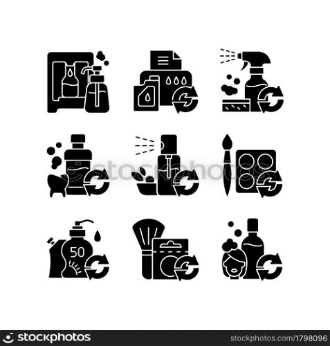 Reusable products black glyph icons set on white space. Eco friendly package for cosmetics. Reusable products to reduce carbon print. Silhouette symbols. Vector isolated illustration. Reusable products black glyph icons set on white space
