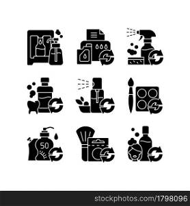 Reusable products black glyph icons set on white space. Eco friendly package for cosmetics. Reusable products to reduce carbon print. Silhouette symbols. Vector isolated illustration. Reusable products black glyph icons set on white space