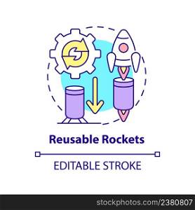 Reusable rockets concept icon. Spacecraft improvement. Space technology abstract idea thin line illustration. Isolated outline drawing. Editable stroke. Arial, Myriad Pro-Bold fonts used. Reusable rockets concept icon