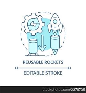 Reusable rockets turquoise concept icon. Spacecraft improvement. Space technology abstract idea thin line illustration. Isolated outline drawing. Editable stroke. Arial, Myriad Pro-Bold fonts used. Reusable rockets turquoise concept icon