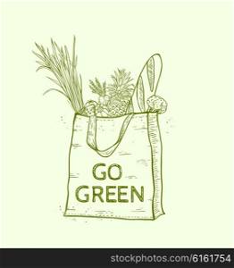 Reusable shopping eco bag with fresh food. Hand drawn vector illustration.