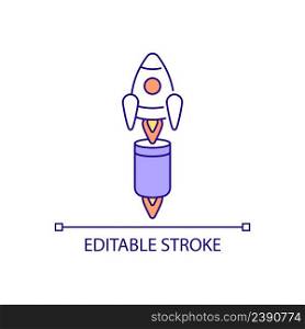 Reusable space rocket RGB color icon. Innovations in spacecraft building. Technology of space exploration. Isolated vector illustration. Simple filled line drawing. Editable stroke. Arial font used. Reusable space rocket RGB color icon