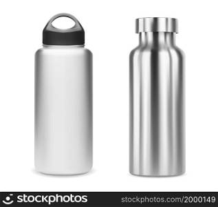Reusable water bottle. Isolated aluminum metal bottle blank. Stailess steel thermo flask, outdoor equipment. Bicycle bottle, glossy steel template illustration. Realistic recycle tin. Reusable water bottle. Isolated aluminum metal bottle