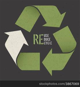 "Reuse conceptual symbol and "Reuse, Reduce, Recycle" text on Dark Recycled Paper Texture"