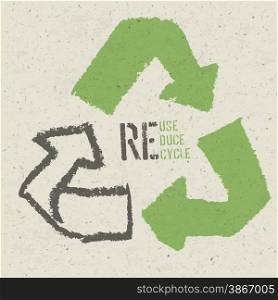 "Reuse conceptual symbol and "Reuse, Reduce, Recycle" text on Recycled Paper Texture"
