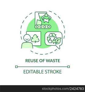 Reuse of waste green concept icon. Materials recycling. Cleaner production option abstract idea thin line illustration. Isolated outline drawing. Editable stroke. Arial, Myriad Pro-Bold fonts used. Reuse of waste green concept icon