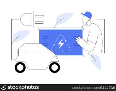 Reusing and repurposing EV batteries abstract concept vector illustration. Man deals with EV eco-friendly batteries reusing, ecology environment, sustainable energy abstract metaphor.. Reusing and repurposing EV batteries abstract concept vector illustration.