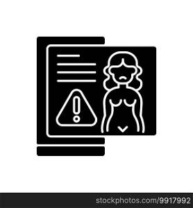 Revenge porn black glyph icon. Distribution of sexualy explicit content. Publish naked photos of sad woman without consent. Silhouette symbol on white space. Vector isolated illustration. Revenge porn black glyph icon