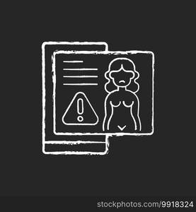 Revenge porn chalk white icon on black background. Distribution of sexualy explicit content. Publish naked photos of woman without consent. Internet stalking. Isolated vector chalkboard illustration. Revenge porn chalk white icon on black background