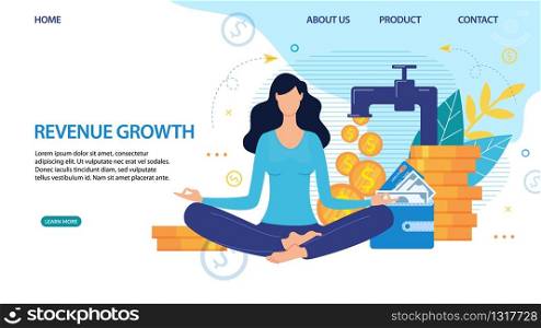 Revenue Growth. Passive Income. Landing Page Flat Design with Woman Meditating and Waiting for Profit Increase. Cartoon Tap with Falling Gold Coins. Wallet with Cash. Vector Illustration. Landing Page Offer Passive Income Revenue Growth