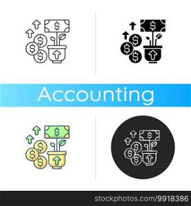 Revenue icon. Income and increase in net assets that entity has from its normal activities. Budget increasing process. Linear black and RGB color styles. Isolated vector illustrations. Revenue icon
