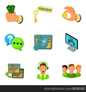 Revenue icons set. Cartoon set of 9 revenue vector icons for web isolated on white background. Revenue icons set, cartoon style