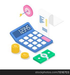 Revenue isometric color vector illustration. Annual financial report. Accounting and audit. Income calculation. Investment. Business planning. Tax calculation. 3d concept isolated on white background