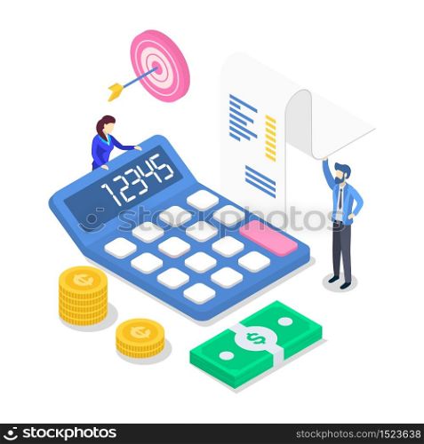 Revenue isometric color vector illustration. Annual financial report. Accounting and audit. People counting income. Investment. Business planning. Tax calculation. 3d concept isolated on white