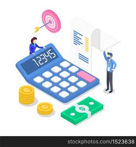 Revenue isometric color vector illustration. Annual financial report. Accounting and audit. People counting income. Investment. Business planning. Tax calculation. 3d concept isolated on white
