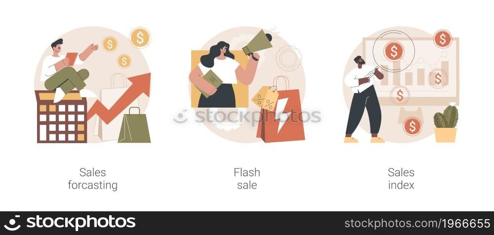 Revenue management abstract concept vector illustration set. Sales forcasting and index, flash sale, special offer, e-commerce shop promotion, profit analysis, retail income abstract metaphor.. Revenue management abstract concept vector illustrations.