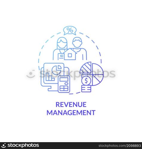 Revenue management blue gradient concept icon. Property costs optimization abstract idea thin line illustration. Isolated outline drawing. Roboto-Medium, Myriad Pro-Bold fonts used. Revenue management blue gradient concept icon