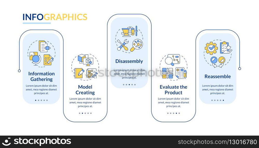 Reverse engineering process rectangle infographic vector. Information gathering. Model creation. Data visualization with 5 steps. Editable rectangular options chart. Lato-Bold, Regular fonts used. Reverse engineering process rectangle infographic vector
