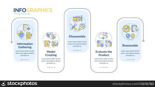 Reverse engineering process rectangle infographic vector. Information gathering. Model creation. Data visualization with 5 steps. Editable rectangular options chart. Lato-Bold, Regular fonts used. Reverse engineering process rectangle infographic vector