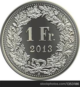 Reverse of 1 Swiss franc silver coin with 1 Fr and year in wreath of oak leaves and gentian, official coin in Switzerland. Swiss money 1 franc silver coin
